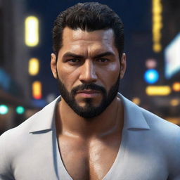 A detailed image of Luis Fernando Lopez, showcasing his sporty-yet-edgy style, stubble beard, muscular build, and resilient gaze, embodying his life amid the glitz and danger of Liberty City nightlife.