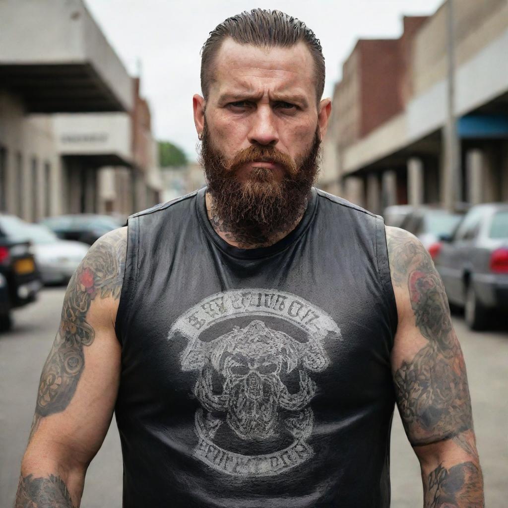 An intense portrayal of Johnny Klebitz, featuring his characteristic biker attire, beard, tattoos, and a tough demeanour that reflects his leadership in the Liberty City biker gang.