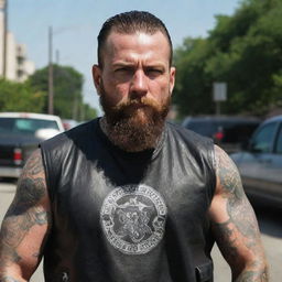 An intense portrayal of Johnny Klebitz, featuring his characteristic biker attire, beard, tattoos, and a tough demeanour that reflects his leadership in the Liberty City biker gang.