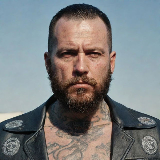 An intense portrayal of Johnny Klebitz, featuring his characteristic biker attire, beard, tattoos, and a tough demeanour that reflects his leadership in the Liberty City biker gang.