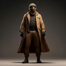 A Hollywood-style kidnapper commander donned in an ankle-length jacket, bullet-proof vest, and an on top ground-length coat, depicting a potent intimidating figure.