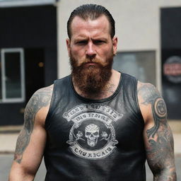 An intense portrayal of Johnny Klebitz, featuring his characteristic biker attire, beard, tattoos, and a tough demeanour that reflects his leadership in the Liberty City biker gang.