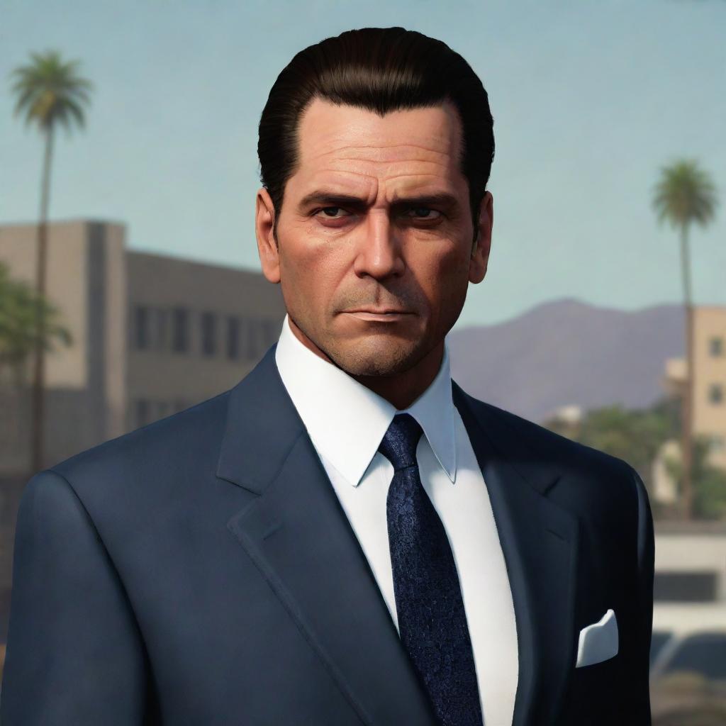 An illustration of Michael De Santa, capturing his mature features, slicked-back hair, sophisticated attire, and a distinctly weary yet determined expression, reflecting his complex life in Los Santos.