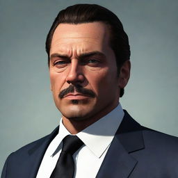 An illustration of Michael De Santa, capturing his mature features, slicked-back hair, sophisticated attire, and a distinctly weary yet determined expression, reflecting his complex life in Los Santos.