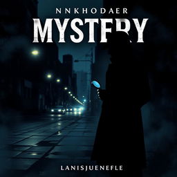 A captivating and thrilling mystery novel cover featuring a dark, shadowy cityscape at night, with dim streetlights casting eerie glows on wet pavement