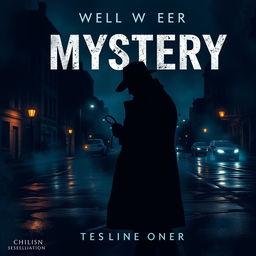 A captivating and thrilling mystery novel cover featuring a dark, shadowy cityscape at night, with dim streetlights casting eerie glows on wet pavement