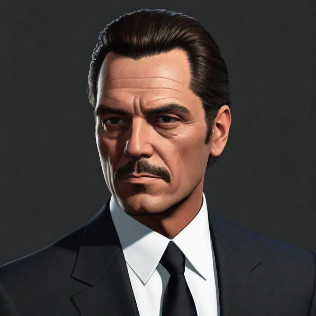 An illustration of Michael De Santa, capturing his mature features, slicked-back hair, sophisticated attire, and a distinctly weary yet determined expression, reflecting his complex life in Los Santos.