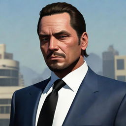 An illustration of Michael De Santa, capturing his mature features, slicked-back hair, sophisticated attire, and a distinctly weary yet determined expression, reflecting his complex life in Los Santos.