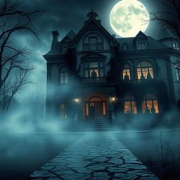 A captivating and thrilling mystery novel cover featuring a grand, old mansion shrouded in mist, representing a mysterious family