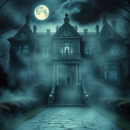 A captivating and thrilling mystery novel cover featuring a grand, old mansion shrouded in mist, representing a mysterious family