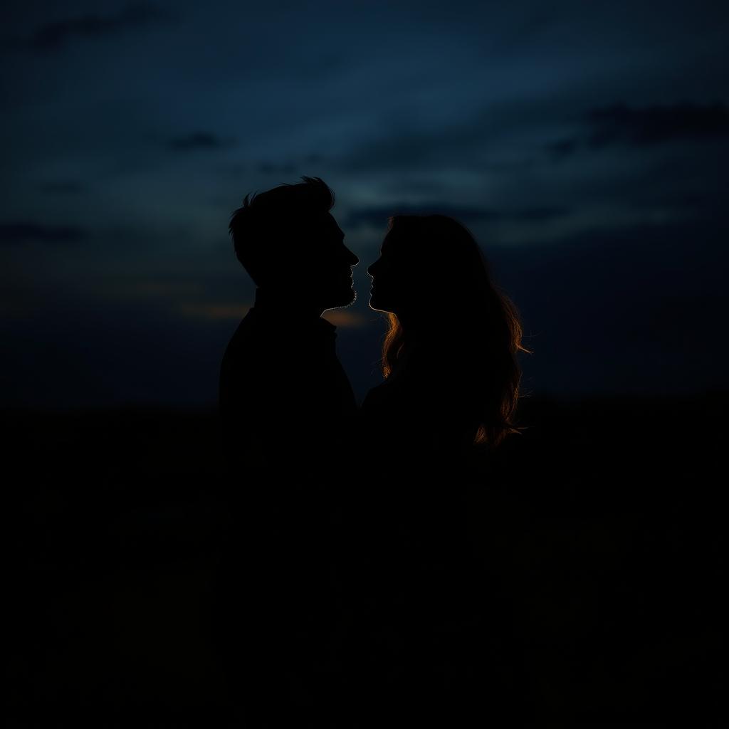 A striking image of two lovers embracing in a dark, romantic atmosphere