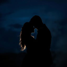A striking image of two lovers embracing in a dark, romantic atmosphere