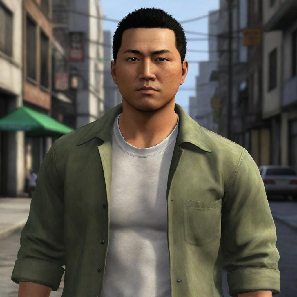 A vivid depiction of Huang Lee, showcasing his characteristic Asian features, casual attire, and a cool, confident expression reflecting his driven personality in Liberty City.