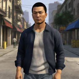 A vivid depiction of Huang Lee, showcasing his characteristic Asian features, casual attire, and a cool, confident expression reflecting his driven personality in Liberty City.