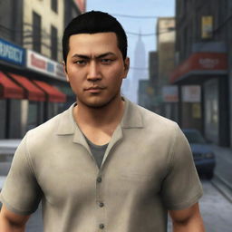 A vivid depiction of Huang Lee, showcasing his characteristic Asian features, casual attire, and a cool, confident expression reflecting his driven personality in Liberty City.