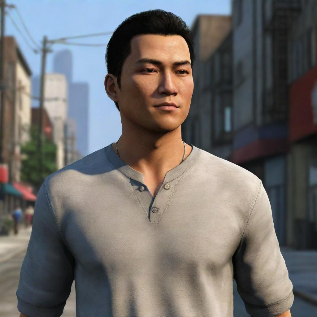 A vivid depiction of Huang Lee, showcasing his characteristic Asian features, casual attire, and a cool, confident expression reflecting his driven personality in Liberty City.