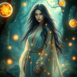 Serena Moon, a captivating and enchanting mystic with long flowing hair and mesmerizing eyes that resemble deep pools of seduction, dressed in ethereal robes adorned with shimmering stars