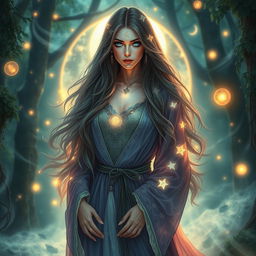 Serena Moon, a captivating and enchanting mystic with long flowing hair and mesmerizing eyes that resemble deep pools of seduction, dressed in ethereal robes adorned with shimmering stars