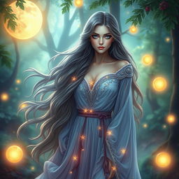 Serena Moon, a captivating and enchanting mystic with long flowing hair and mesmerizing eyes that resemble deep pools of seduction, dressed in ethereal robes adorned with shimmering stars