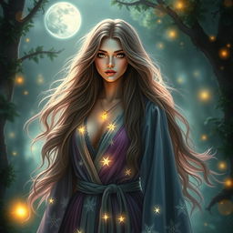 Serena Moon, a captivating and enchanting mystic with long flowing hair and mesmerizing eyes that resemble deep pools of seduction, dressed in ethereal robes adorned with shimmering stars