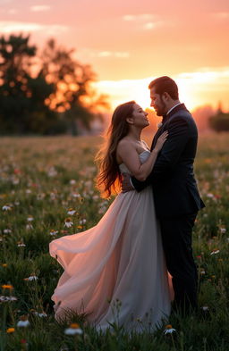 A romantic scene featuring two lovers embracing each other in a scenic sunset background