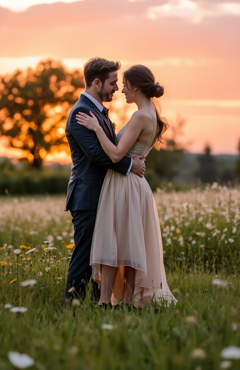 A romantic scene featuring two lovers embracing each other in a scenic sunset background