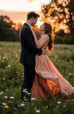 A romantic scene featuring two lovers embracing each other in a scenic sunset background