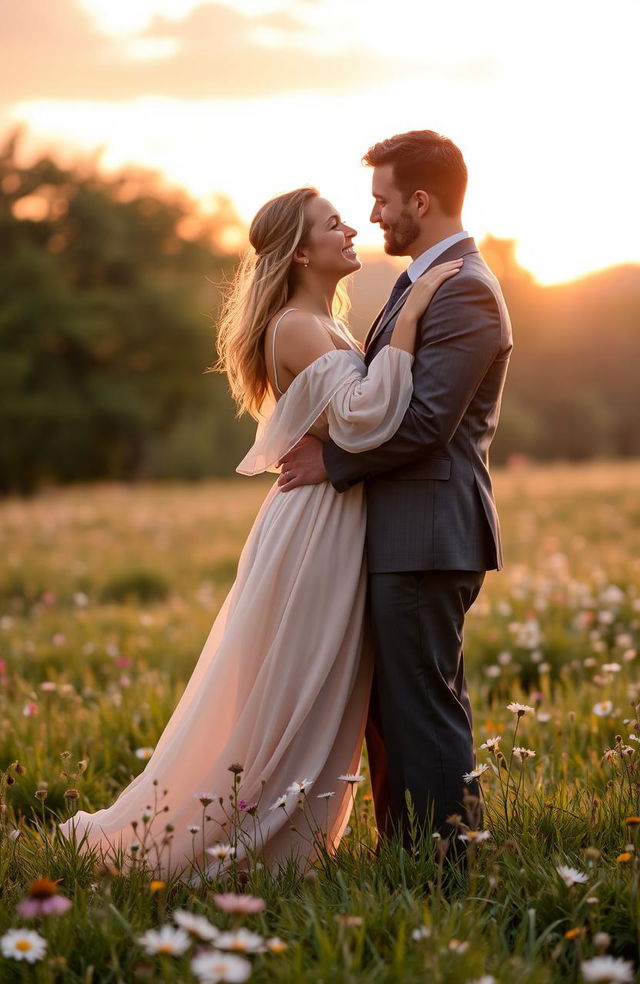 A romantic scene featuring two lovers embracing each other in a scenic sunset background