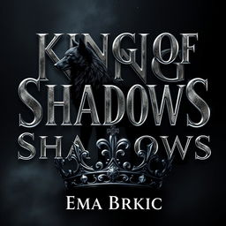 A captivating digital artwork featuring the title 'King of Shadows' rendered in stunning silver metallic letters that shimmer with a reflective quality