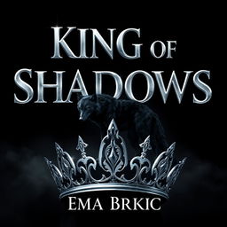 A captivating digital artwork featuring the title 'King of Shadows' rendered in stunning silver metallic letters that shimmer with a reflective quality