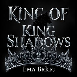 A captivating digital artwork featuring the title 'King of Shadows' rendered in stunning silver metallic letters that shimmer with a reflective quality