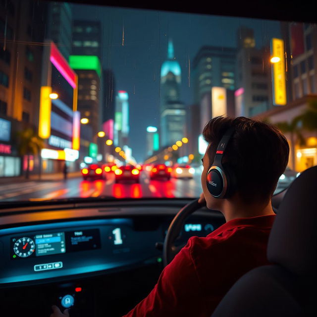 A serene night scene of a person driving a sleek, modern car through a city illuminated by vibrant neon lights