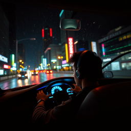 A serene night scene of a person driving a sleek, modern car through a city illuminated by vibrant neon lights
