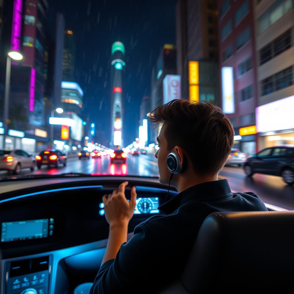 A serene night scene of a person driving a sleek, modern car through a city illuminated by vibrant neon lights