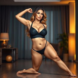A confident and alluring woman with a curvy figure, featuring an emphasis on her prominent bosom and curvaceous hips, stretching her legs gracefully in a stylish, modern setting