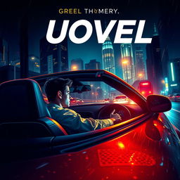 An engaging novel cover design featuring a person driving a sleek sports car at night