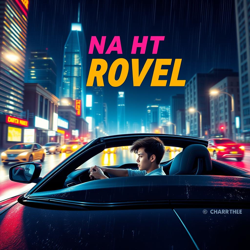 An engaging novel cover design featuring a person driving a sleek sports car at night