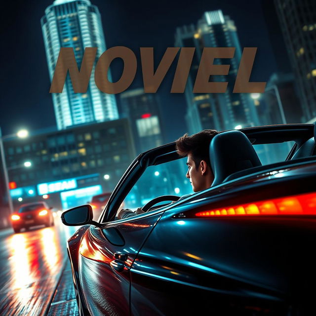 An engaging novel cover design featuring a person driving a sleek sports car at night