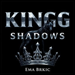 A striking digital artwork showcasing the title 'King of Shadows' in stunning silver metallic letters that glimmer against a dark backdrop
