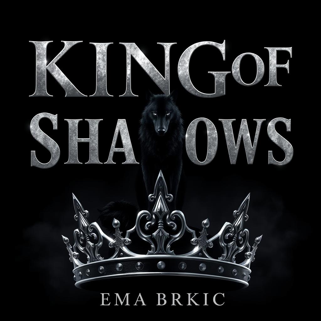 A striking digital artwork showcasing the title 'King of Shadows' in stunning silver metallic letters that glimmer against a dark backdrop