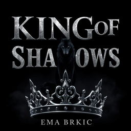 A striking digital artwork showcasing the title 'King of Shadows' in stunning silver metallic letters that glimmer against a dark backdrop