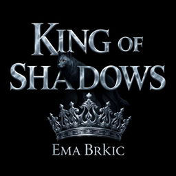 A striking digital artwork showcasing the title 'King of Shadows' in stunning silver metallic letters that glimmer against a dark backdrop