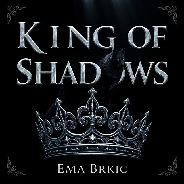 A striking digital artwork showcasing the title 'King of Shadows' in stunning silver metallic letters that glimmer against a dark backdrop