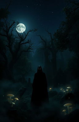 A mysterious and atmospheric scene set in a dark, enchanted forest at night