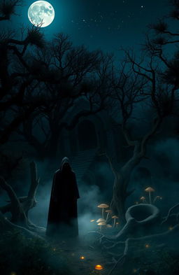 A mysterious and atmospheric scene set in a dark, enchanted forest at night
