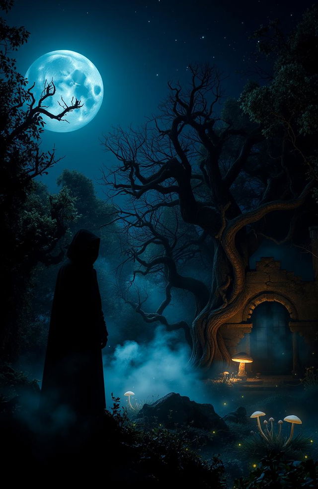 A mysterious and atmospheric scene set in a dark, enchanted forest at night