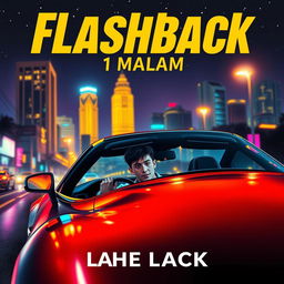A captivating novel cover design for the title "Flashback 1 Malam" featuring a dramatic scene of a person driving a sleek sports car at night