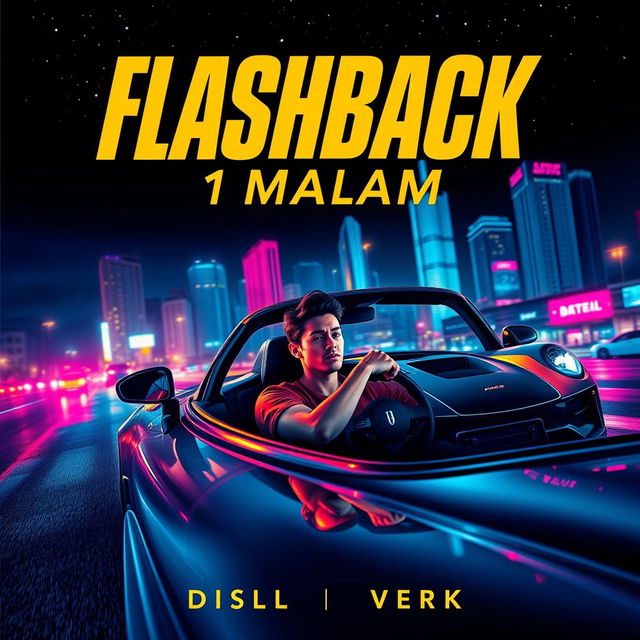 A captivating novel cover design for the title "Flashback 1 Malam" featuring a dramatic scene of a person driving a sleek sports car at night