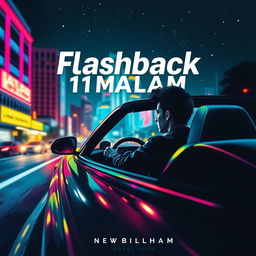A captivating novel cover design for the title "Flashback 1 Malam" featuring a dramatic scene of a person driving a sleek sports car at night
