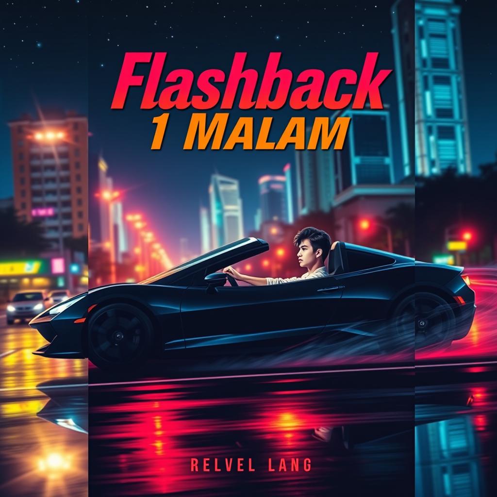 A captivating novel cover design for the title "Flashback 1 Malam" featuring a dramatic scene of a person driving a sleek sports car at night